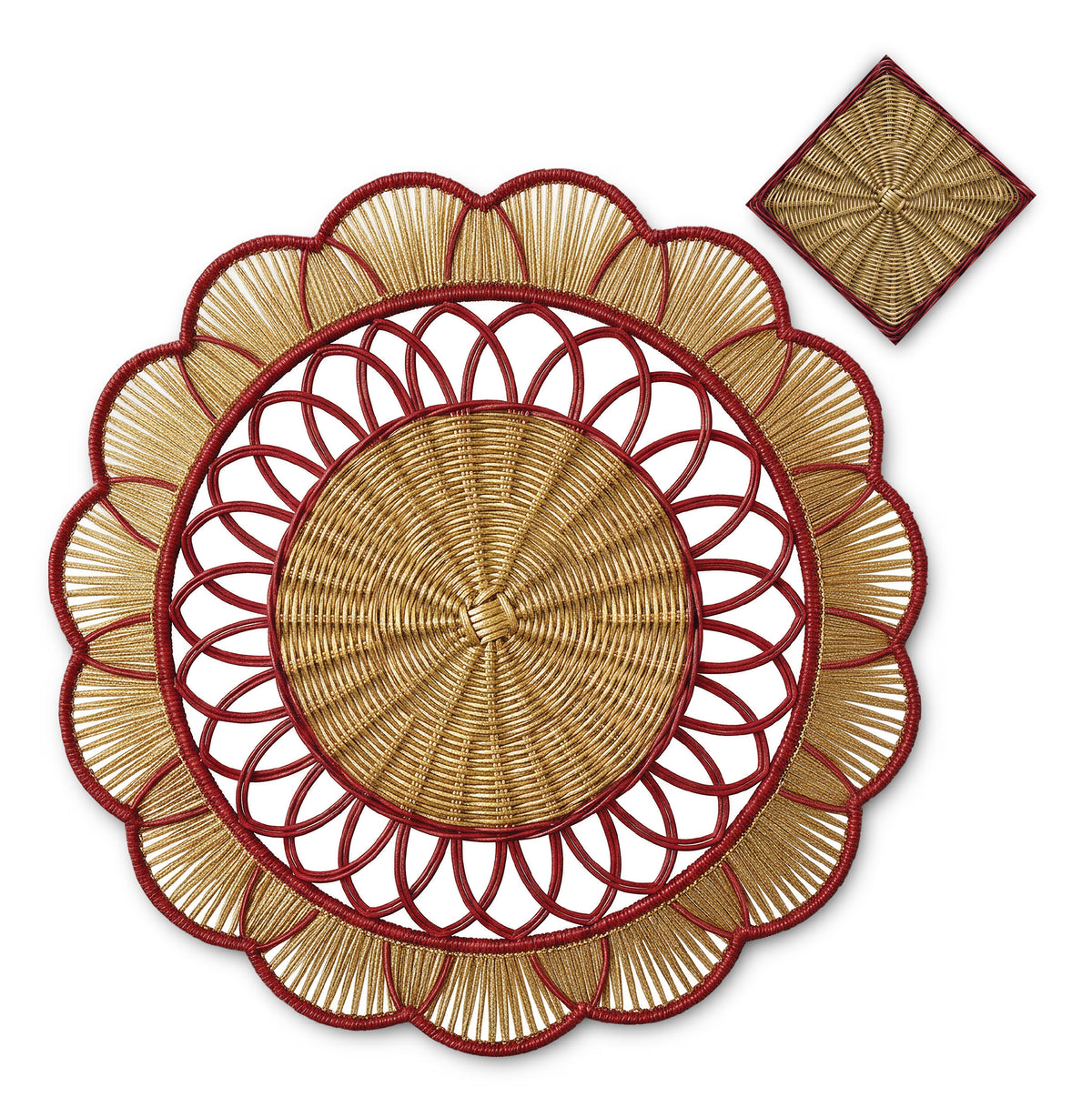 Rattan Look Round Scallop Paper Placemat — Set of 12 with Matching Coasters