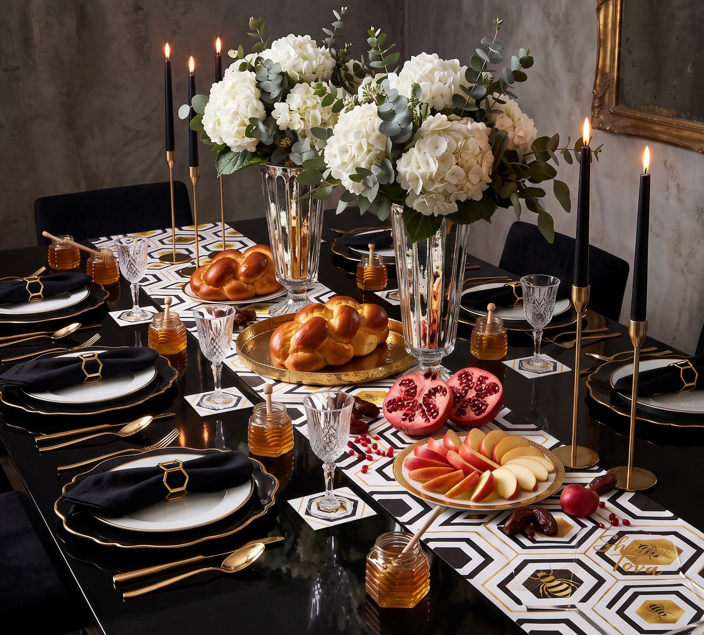 Gold Honeybee & Honeycomb Paper Placemat — Set of 12 with Matching Coasters