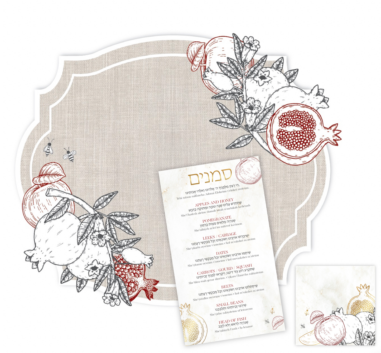 Burlap Look Pomegranate & Apple Die-Cut Paper Placemat — Set of 12 with Simanim Cards