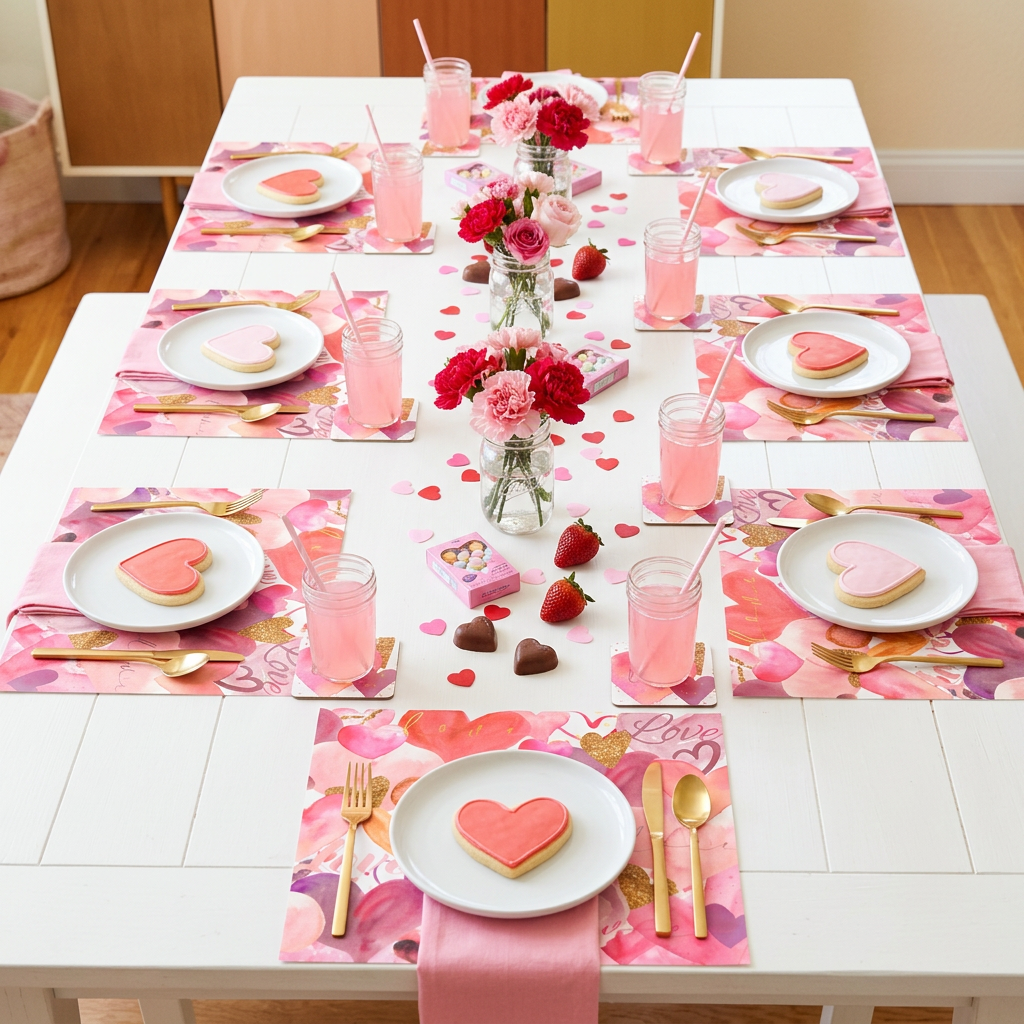Valentine Hearts Paper Placemat — Set of 12 with Matching Coasters