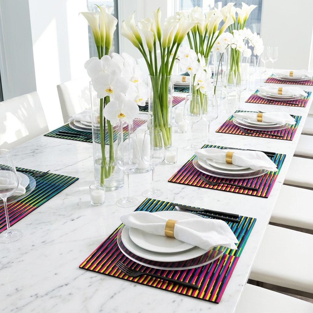 Kinetic Rainbow Stripe Paper Placemat — Set of 12 with Matching Coasters