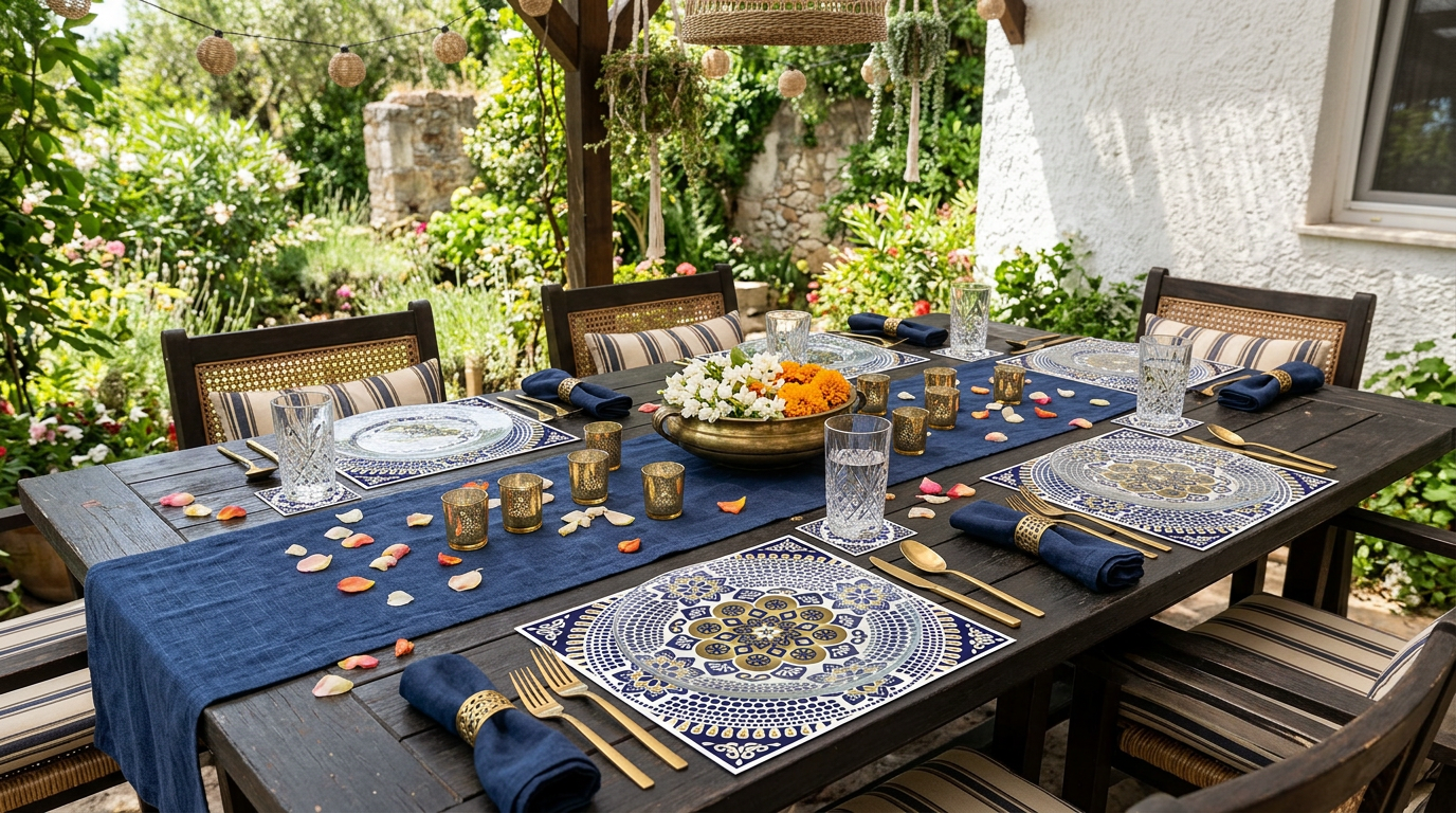 Blue and Gold Mandala Paper Placemat — Set of 12 with Matching Coasters