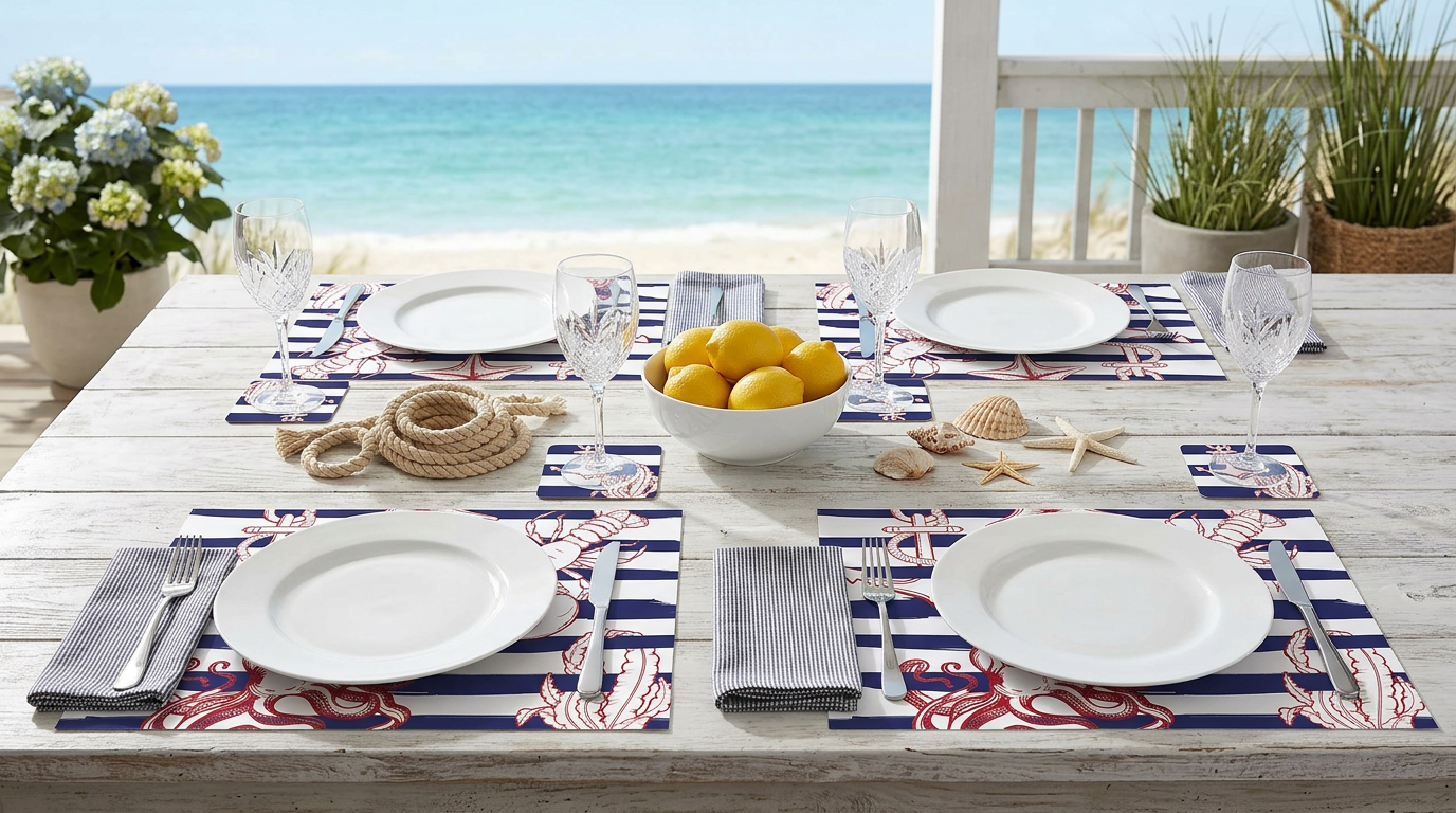 Nautical Stripes Sea Life Paper Placemat — Set of 12 with Matching Coasters