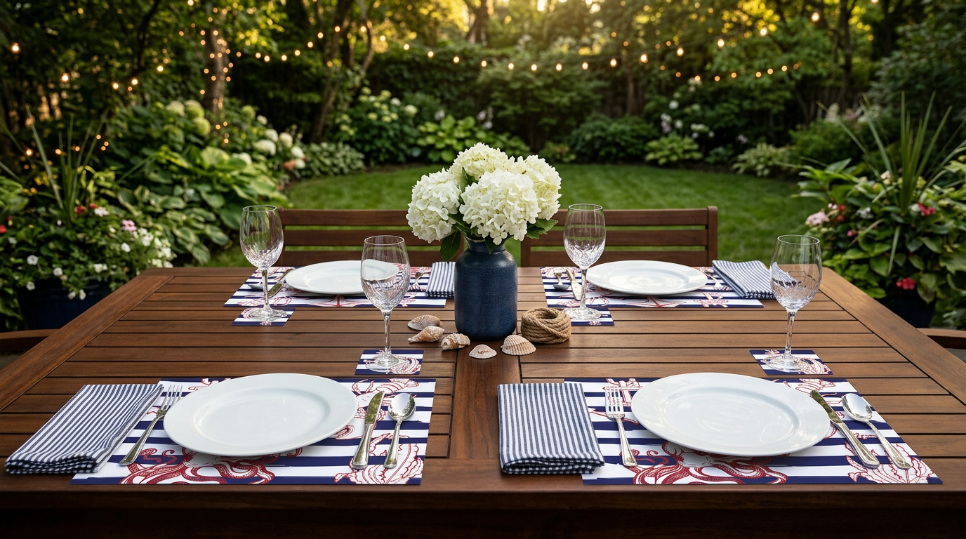 Nautical Stripes Sea Life Paper Placemat — Set of 12 with Matching Coasters