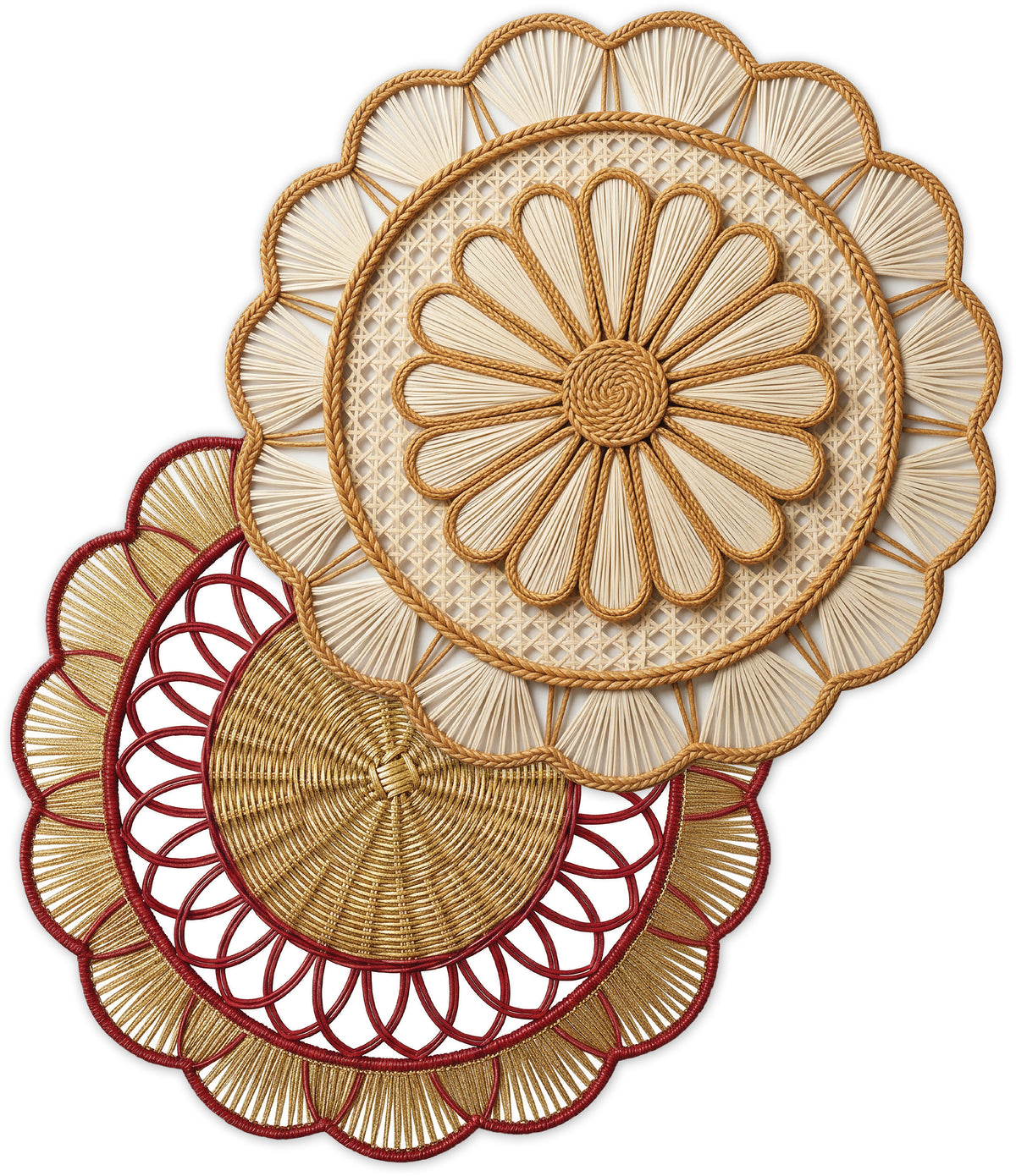 Rattan Look Round Scallop Paper Placemat — Set of 12 with Matching Coasters
