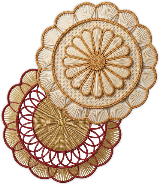 Rattan Look Round Scallop Paper Placemat — Set of 12 with Matching Coasters