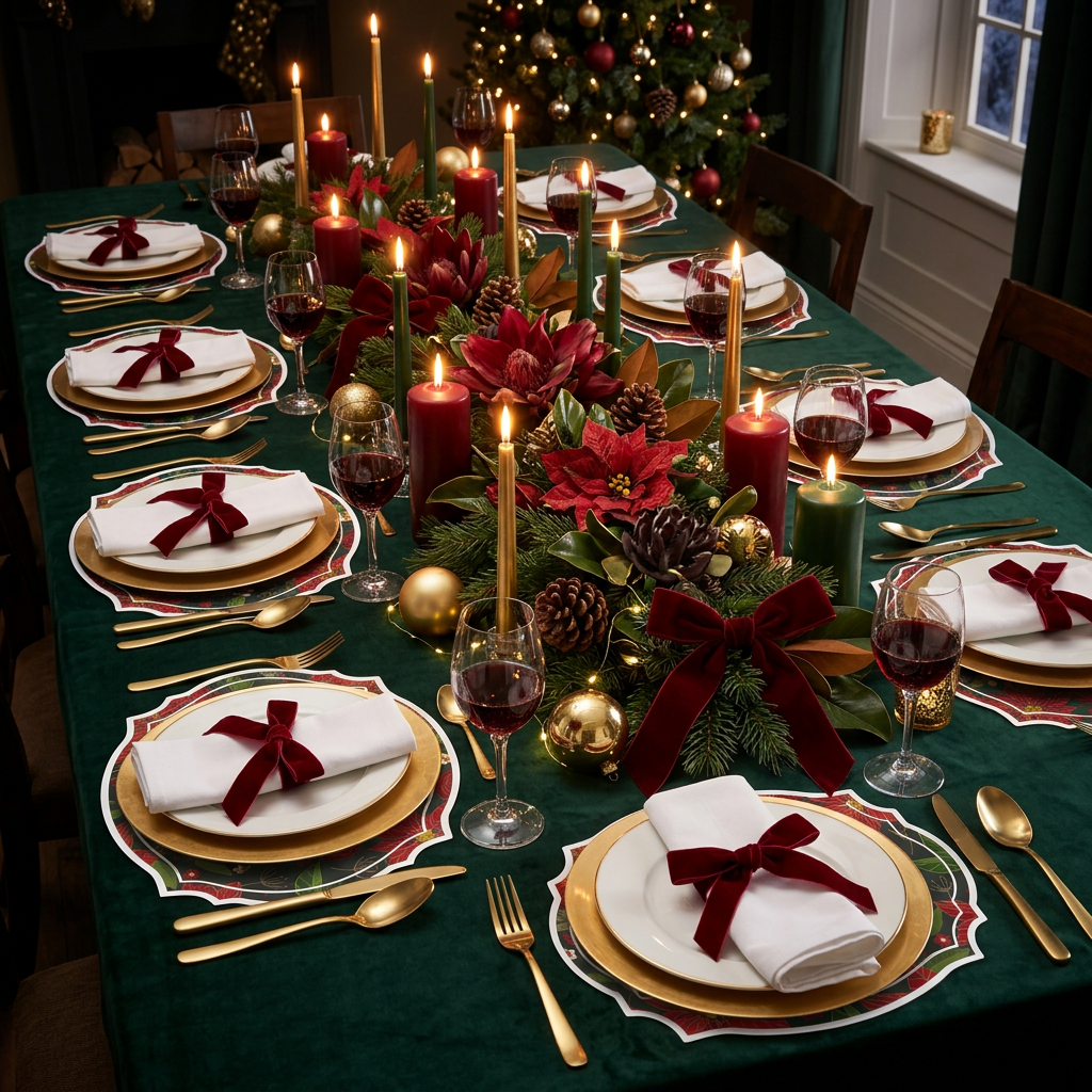 Christmas Poinsettia Flower Paper Placemat — Set of 12 | Dark & Green